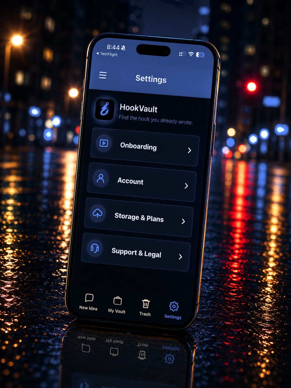HookVault settings — onboarding, account, storage, and support